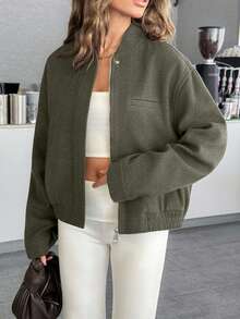 EURMUSE Women's Cropped Bomber Jacket With Elastic Hem And Minimalist Design, Stylish And Versatile Outerwea - Army Green - View 5