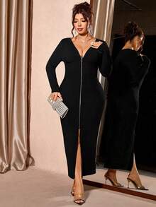 Cravure Váy dệt kim dài tay cổ chữ V có khóa kéo gợi cảm lấy cảm hứng từ Y2K dành cho nữ cỡ lớn cho mùa thu đông - Váy ôm sát, thanh lịch với viền xẻ tà - màu đen - Xem 5