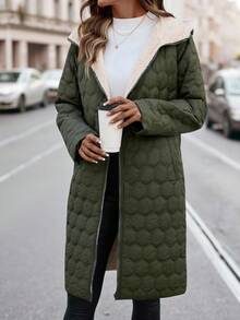 SHEIN Clasi 女式长款连帽夹棉大衣，百搭经典设计，冬季 - 軍綠色 - 查看 7