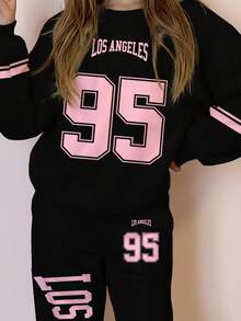 SHEIN Leap Crew Tween Girl Black Pink Contrast Color Letter & Number 95 Print Racing Tracksuit 2 Pieces Set,Autumn Casual Back-To-School Crew Neck Sweatshirt & Pants - Multicolor - View 3