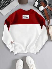 Manfinity Campus Court Áo nỉ California số 23 màu đỏ và trắng phối tương phản, kiểu dáng retro Mỹ, áo nỉ chui đầu thoải mái dành cho thanh thiếu niên, thiết kế unisex cho cặp đôi với họa tiết đồ họa Mỹ màu đỏ số 23. - Nhiều màu - Xem 2