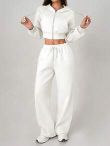 SHEIN PETITE Casual Solid Color Hoodie And Sweatpants Set - White - View 6
