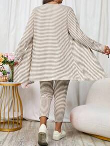 EMERY ROSE Conjunto de 3 piezas talla grande: Chaqueta de manga larga de punto acanalado de unicolor, chaleco de cuello redondo y pantalones casuales con lazo delantero, conjunto de otoño para mujer - Albaricoque - Ver 2