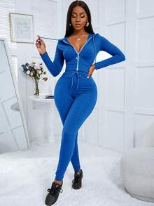 Zolique 2pcs Women Solid Color Cropped Hoodie And Pants Set - Blue - View 4