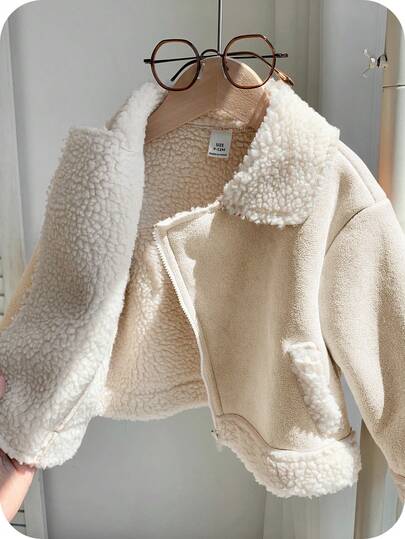 SHEIN Unisex Baby Khaki Patchwork Fluffy Thickened Suit Collar Jacket, Suitable For Baby Boys And Girls In Autumn/Winter