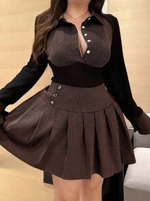 Vibekara 大码女式罗纹撞色针织上衣和松紧腰百褶中长裙两件套 - 彩色 - 查看 3