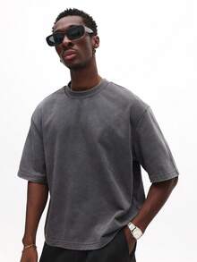 SUMWON 水洗复古印花圆领短袖T恤，背面全幅图案设计，休闲款 - 灰色 - 查看 2