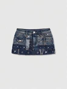 ROMWE EDITION Punk Metal Grommet Design Low Waist Mini Denim Skirt