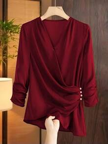 SHEIN Franclia 女士时尚纯色不对称优雅衬衫 - 酒紅色 - 查看 3