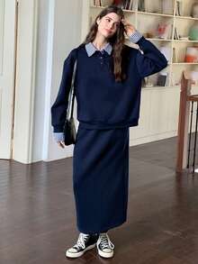 Dazy Kids Teen Girl Striped Print Long Sleeve Sweatshirt And Mini Skirt Set