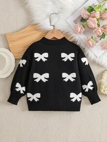 Elladie kids Chaquetas de niña Versátiles Nuevas chaquetas de punto de manga larga con patrón de lazo jacquard para niñas en otoño/invierno, decoración de lazo 3D, suéter de punto suelto y suave, adecuado para uso diario y ocasiones festivas - Negro - Ver 2