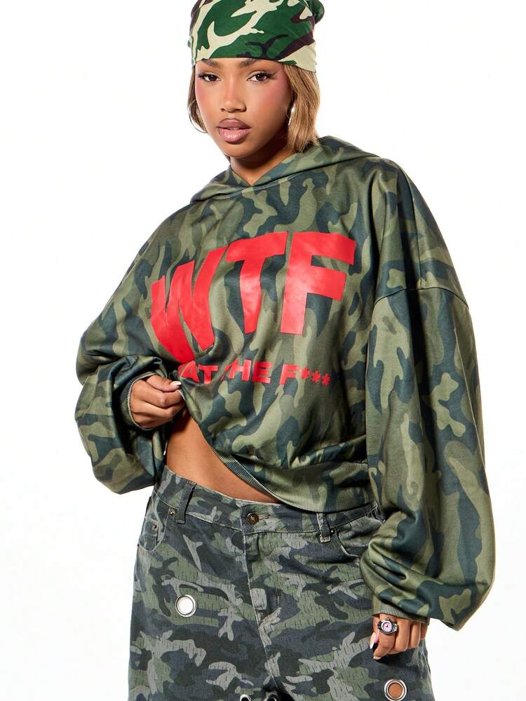 SUMWON WOMEN Sweat à capuche camouflage surdimensionné avec logo rouge