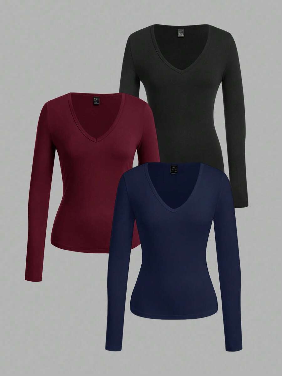 SHEIN EZwear 3 件套女士深 V 领修身休闲长袖 T 恤套装,秋冬 - 彩色 - 查看 1