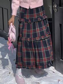 DAZY 少女休闲格子印花多层荷叶边下摆迷你裙