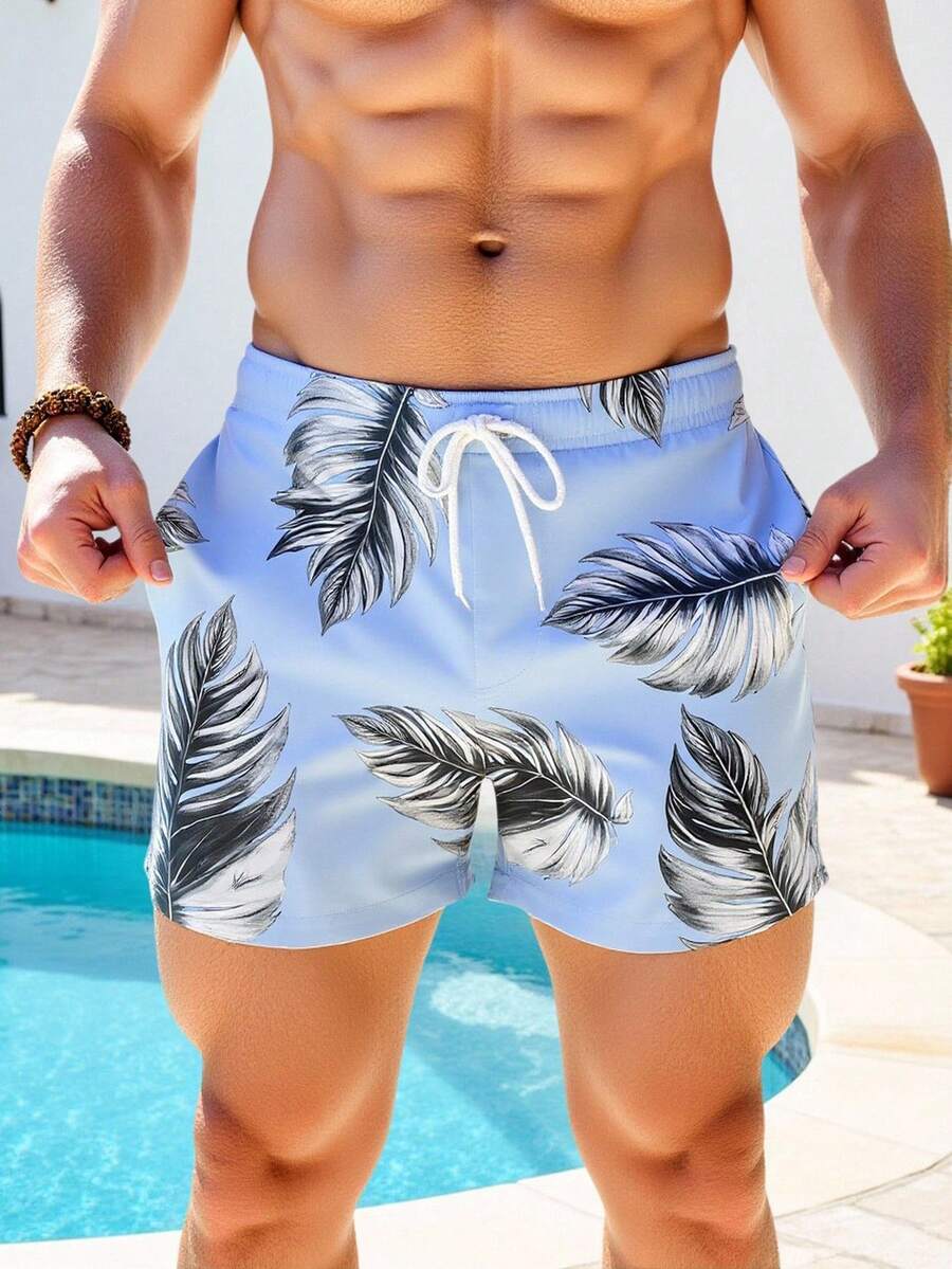 Zalmeno 男士夏季树叶印花抽绳腰沙滩短裤 - 淺藍色 - 查看 1