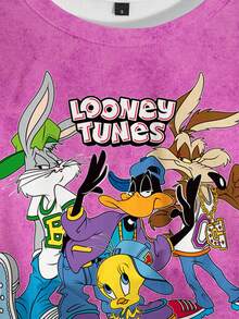 LOONEY TUNES X SHEIN Áo thun ngắn tay in chữ và hình động vật hoạt hình thường ngày dành cho nữ, mùa hè - trắng - Xem 3