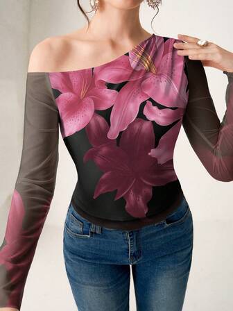 Modelyn Blusa de manga larga ajustada con malla, estampado digital floral fucsia, hombro asimétrico, de moda, para primavera/otoño