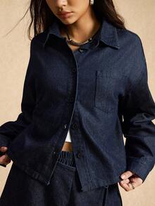 Easelle 女式复古游牧口袋短款牛仔衬衫 - 藍色 - 查看 4