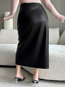 Dazy Plus Plus Size Women Elegant PU Leather Solid Color Casual Straight Skirt With Side Slit - Black - View 2