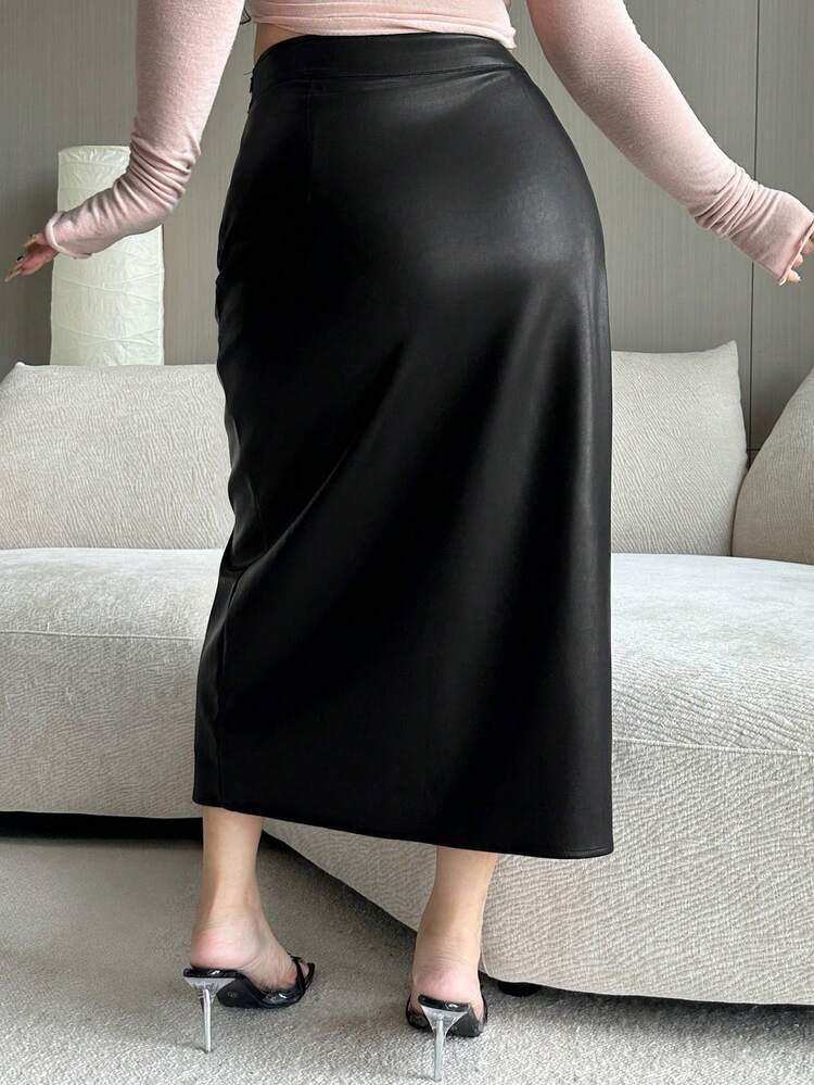 Dazy Plus Plus Size Women Elegant PU Leather Solid Color Casual Straight Skirt With Side Slit