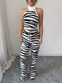 Rafferiza Women's Stand Collar Sleeveless Backless Fashionable Knit Zebra Print Crop Top Set - Black and White - View 3