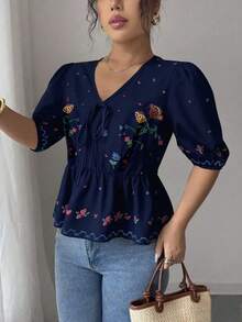 Rafferiza Áo cánh mùa hè in họa tiết hoa cổ chữ V lãng mạn thanh lịch dành cho nữ - Màu xanh hải quân - Xem 3