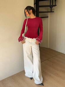 Siren Gaze 女式优雅修身圆领荷叶边长袖T恤，秋季 - 玫瑰紅 - 查看 6