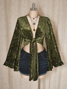 SHEIN ICON 大码女式复古荷叶边领带绿色天鹅绒衬衫 - 綠色 - 查看 7