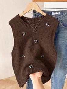 Modelyn Women's Solid Color Embroidered Crew Neck Sweater Vest,Fall,Fall Clothes For Women,Winter Clothes For Women - Coffee Brown - View 2