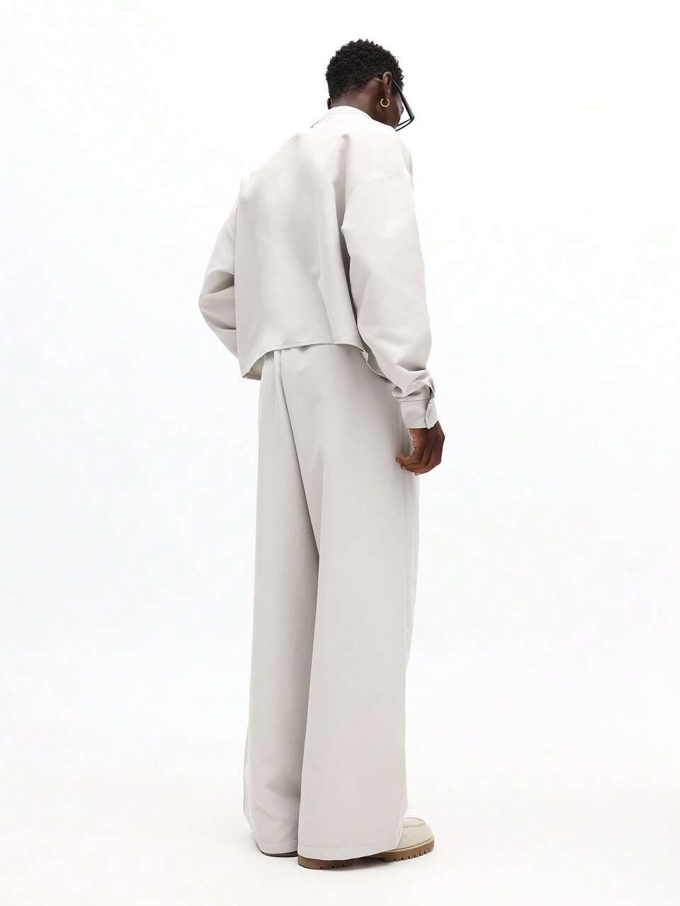 SUMWON Crop Fit Men Long Sleeve Collared Shirt With Pleated Wide Leg Pants Coordinating Set Spring Summer Outfit Plain