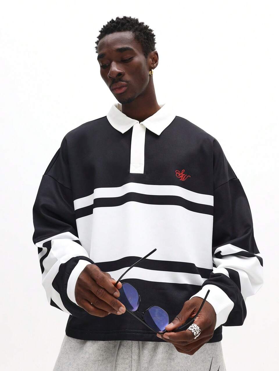 SUMWON Men's Relaxed Fit Long Sleeve Striped Polo With Contrast Collar Casual