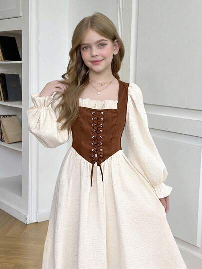 SHEIN Tween Girls Contrast Beige And Brown Color Block Waist Pleated Bust Adjustable Strap Front Ruffle Long Sleeve Square Neck Midi Dress, Suitable For Home And Outdoor ,For Autumn Winter Vintatge Style, Boho Style Elegant Casual Dress Vintage Girls Elegant Outfit For Girl