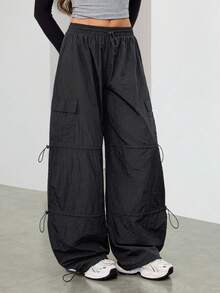 SHEIN EZwear 加大码男女夏季街头运动实用工装裤，抽绳松紧腰，宽松降落伞低腰哈伦裤 - 黑色 - 查看 5