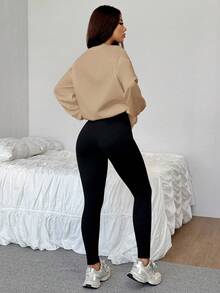 SHEIN EZwear 女士秋冬新款运动卫衣和紧身裤套装 - 卡其色 - 查看 2