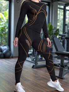 Innovista Conjunto de ropa deportiva sin costuras, de alto soporte, de secado rápido, adecuado para uso diario, yoga, pilates, entrenamiento HIIT, de la oficina al gimnasio, mallas, ropa estructurada de otoño, camiseta de manga larga, mallas con protección UV, cómodo, funcional, malla transpirable, control de abdomen, compresión y moldeado, adecuado para ejercicio aeróbico, correr, deportes al aire libre, ropa deportiva de otoño e invierno, diseño a rayas