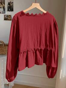 Comfortcana 女士纯色蕾丝拼接V领系带长袖衬衫，红色女式上衣 - 酒紅色 - 查看 2