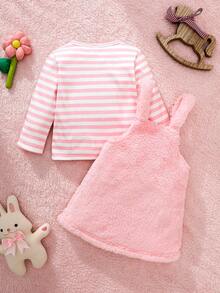 SHEIN Baby Girl Cute Pink Striped Plush Sleeveless Dress Outfit,Winter Long Sleeve T-Shirt Rabbit Embroidery Set,Back To School Matching Family Outfit - Pink - View 5