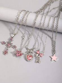 ROMWE Goth 5件套哥特复古风项链套装，包含十字架、太阳、月亮、飞蛾和骷髅吊坠，万圣节 - 粉色 - 查看 3