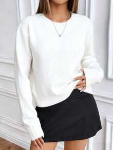 SHEIN Slouchy Solid Color Crew Neck Knit Long Sleeve Sweater - White - View 4