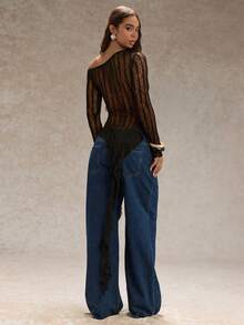 SHEIN Glamour Áo ren tay dài hở vai, viền bất đối xứng cho nữ, gợi cảm và mỏng manh, thích hợp mặc nhiều lớp hoặc mặc riêng, mùa thu/đông - màu đen - Xem 2