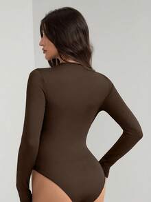 SHEIN Tall 女款純色圓領修身優雅長袖連身衣，秋季 - 棕色 - 查看 2