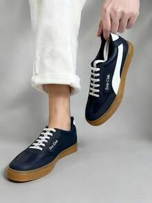 Tenis para hombre transpirable cuero sintético punta redonda con cordones suela antideslizante estilo deportivo cancha tenis - Azul Marino - Ver 1