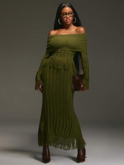 NYA SZN Dress Knit Fringe Bold Sexy Classy Modest Statement Brunch Special Occasion Cool Girl Y2K Vintage Look Fall Winter Suitable For Commuting Oufits For Women