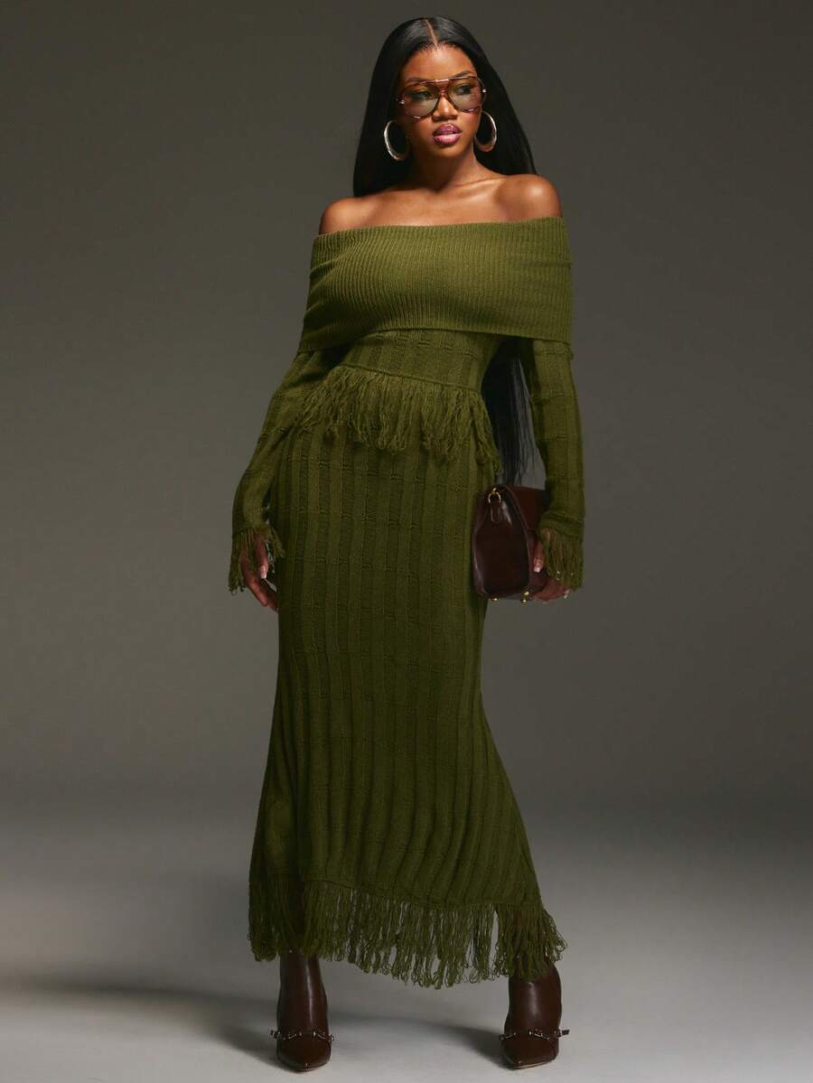 NYA SZN Đầm dệt kim tua rua, cá tính, gợi cảm, sang trọng, kín đáo, nổi bật, thích hợp cho bữa trưa, dịp đặc biệt, phong cách cô nàng sành điệu, vẻ ngoài Y2K cổ điển, mùa thu đông, phù hợp cho công sở, trang phục dành cho nữ. - màu xanh lá - Xem 1