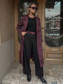 Elyressa Áo khoác gió tay dài màu đỏ rượu vang thanh lịch, hai hàng khuy, tay loe có thắt lưng, phong cách Pháp, thời trang đi làm, đa năng, mùa thu/đông - Nhiều màu - Xem 3