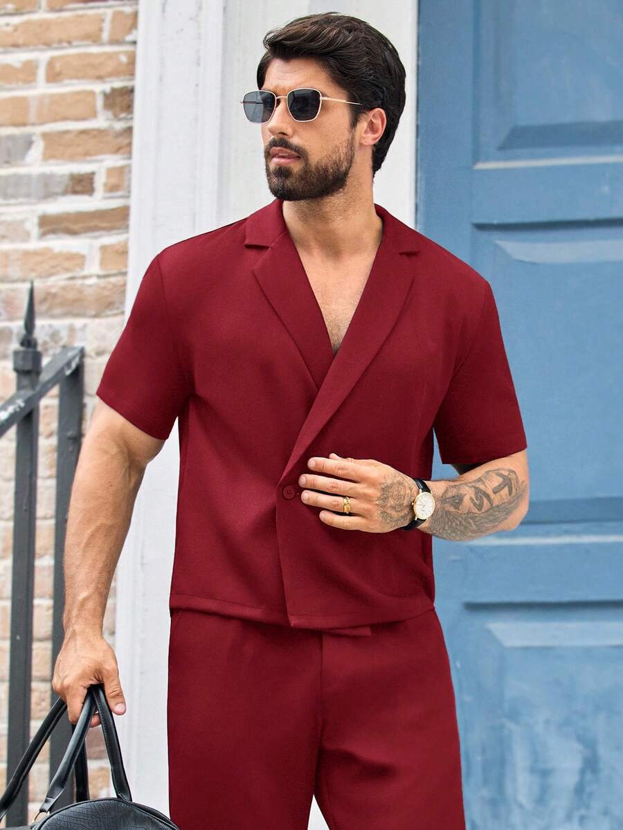 Manfinity VCAY 2pcs Men's Casual Loose Drop Shoulder Oblique Placket Short Sleeve Shirt Set - Red - View 1