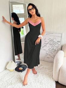 SHEIN 蕾丝边柔软舒适女式长睡袍 - 黑色 - 查看 5
