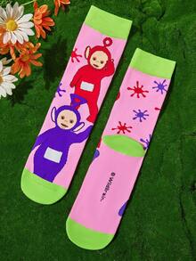 Teletubbies X SHEIN 2Pairs Soft & Breathable Moisture-Wicking Casual Women Mid-Calf Socks With Cute Cartoon Pattern Fashionable Pink & Purple Crew Socks Reinforced Toe & Heel For Durability All Season All-Match Summer Winter