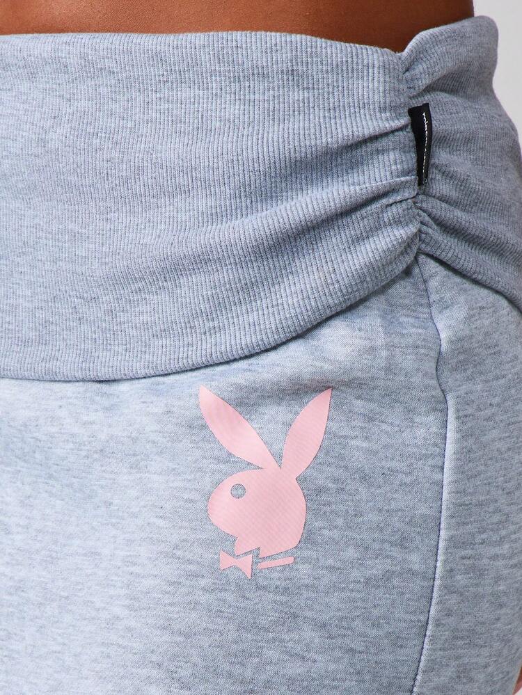 Missguided x Playboy Women Heather Grey Maxi Skirt With Fold Over Waistband And Pink Bunny Logo For Casual Loungewear
