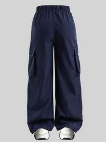 SHEIN Tween Girls' Solid Color Elastic Waist Casual Cargo Pants - Navy Blue - View 2